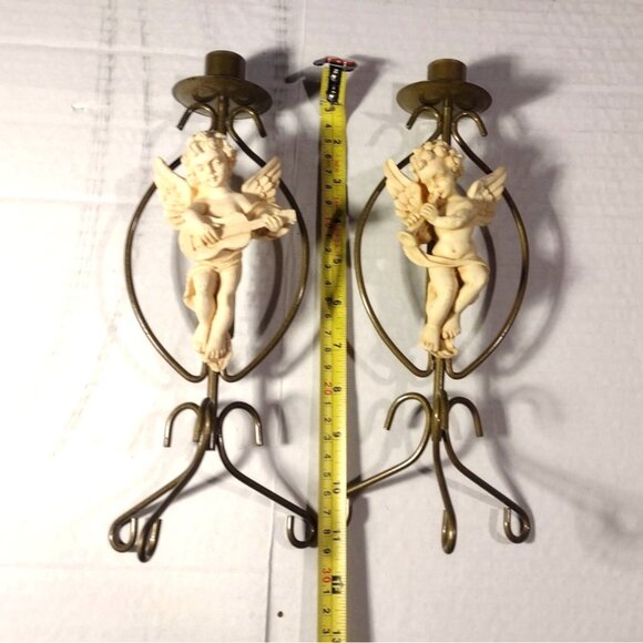 Vintage Angel Cherub Taper Candle Holders Set Of 2 Gold Brass Resin 12" Baroque - Picture 9 of 9